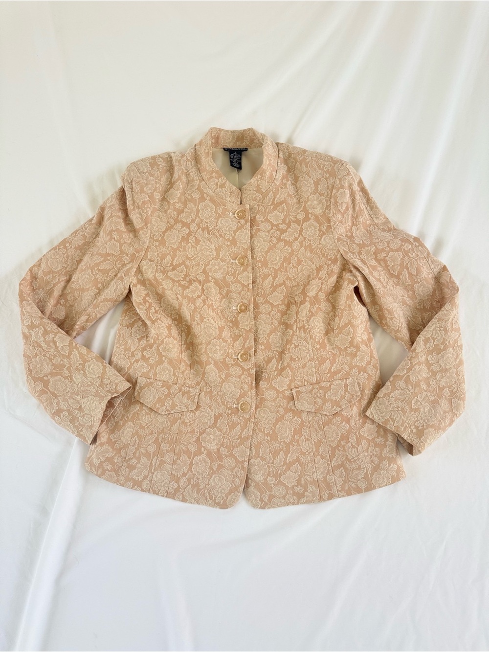 Dialogue Floral Jacquard Blazer Jacket Womens L Beige Rose Brocade Stand Collar